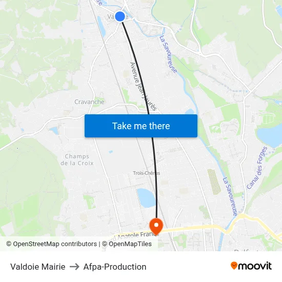 Valdoie Mairie to Afpa-Production map