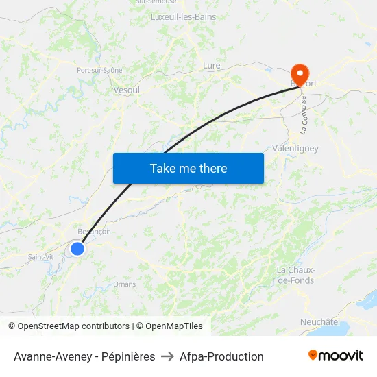 Avanne-Aveney - Pépinières to Afpa-Production map