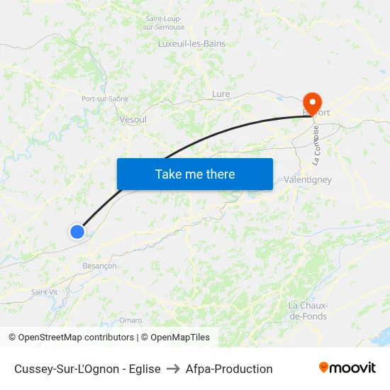 Cussey-Sur-L'Ognon - Eglise to Afpa-Production map