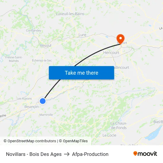 Novillars - Bois Des Ages to Afpa-Production map