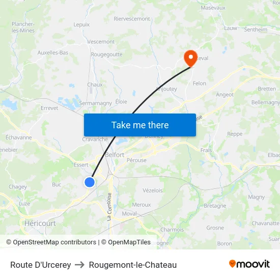 Route D'Urcerey to Rougemont-le-Chateau map