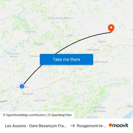 Les Auxons - Gare Besançon Franche-Comté Tgv to Rougemont-le-Chateau map