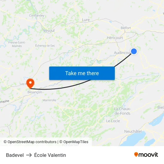 Badevel to École Valentin map
