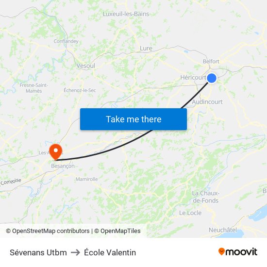 Sévenans Utbm to École Valentin map