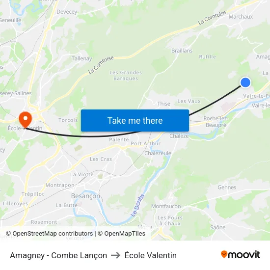 Amagney - Combe Lançon to École Valentin map