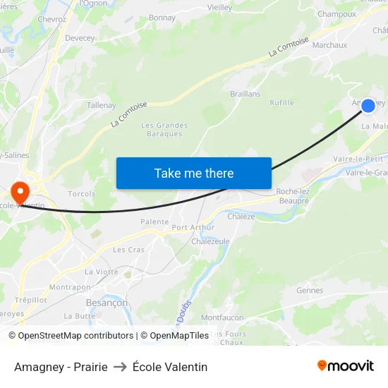 Amagney - Prairie to École Valentin map