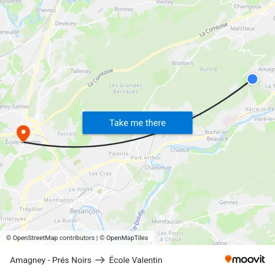Amagney - Prés Noirs to École Valentin map