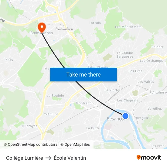 Collège Lumière to École Valentin map