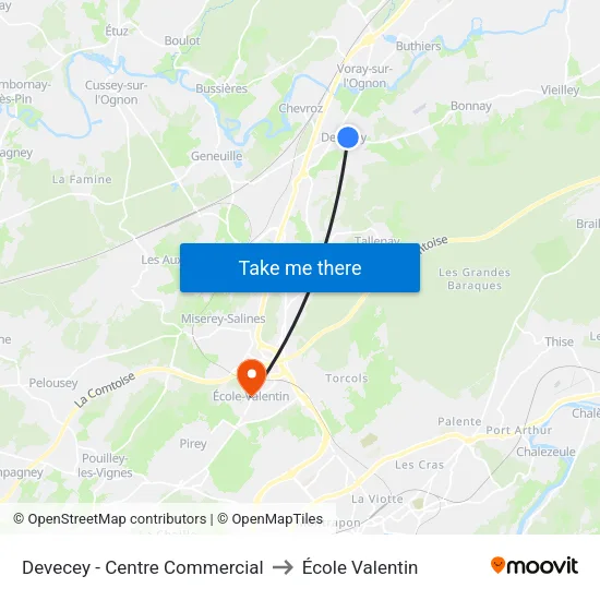 Devecey - Centre Commercial to École Valentin map