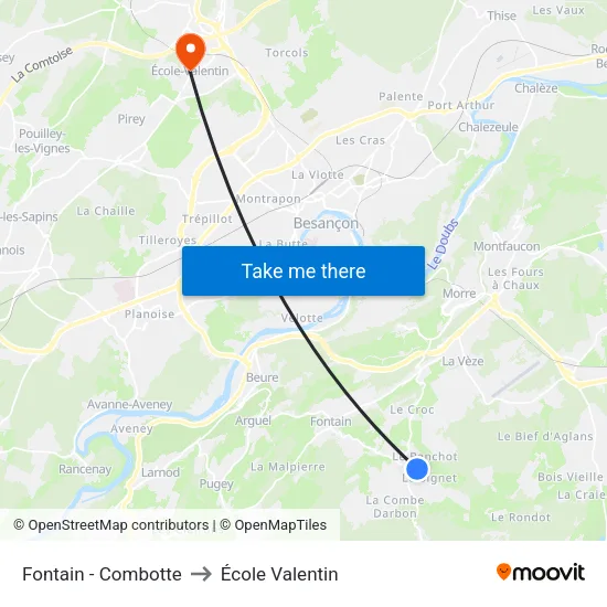 Fontain - Combotte to École Valentin map