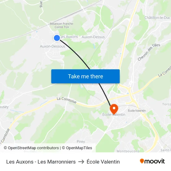 Les Auxons - Les Marronniers to École Valentin map