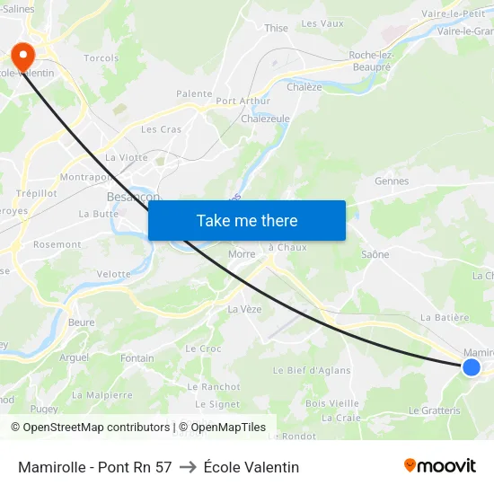 Mamirolle - Pont Rn 57 to École Valentin map