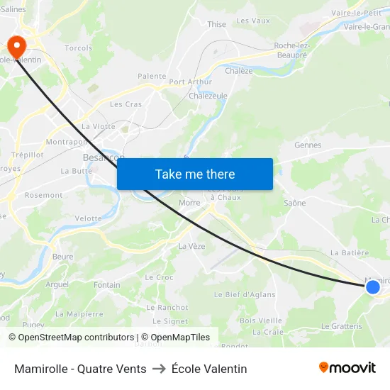 Mamirolle - Quatre Vents to École Valentin map