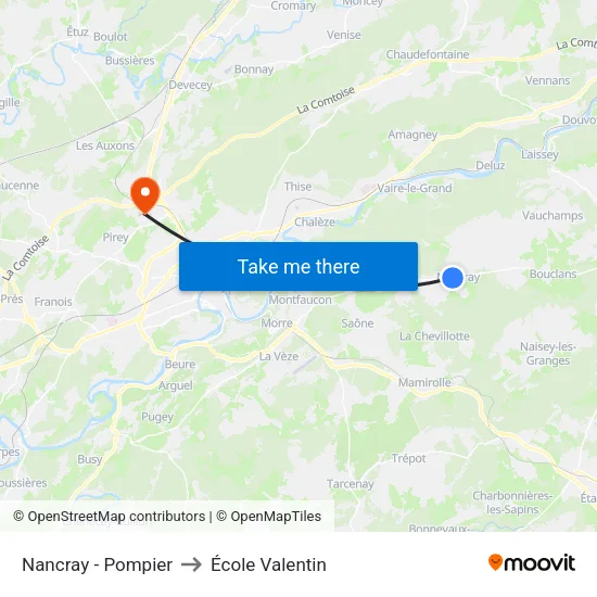 Nancray - Pompier to École Valentin map