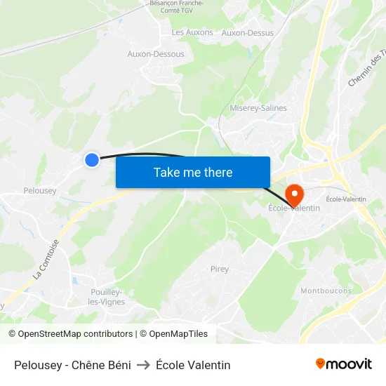 Pelousey - Chêne Béni to École Valentin map