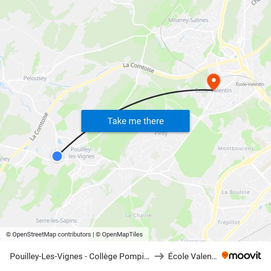 Pouilley-Les-Vignes - Collège Pompidou to École Valentin map