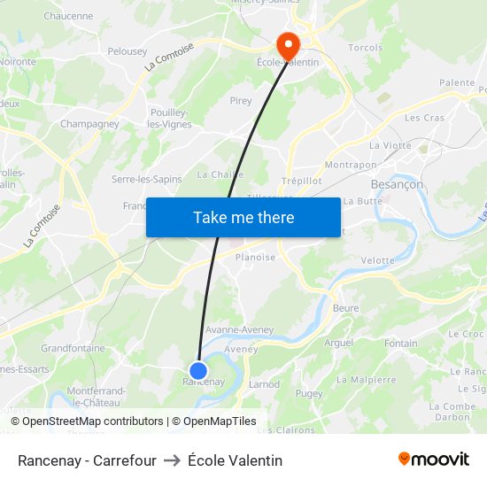 Rancenay - Carrefour to École Valentin map