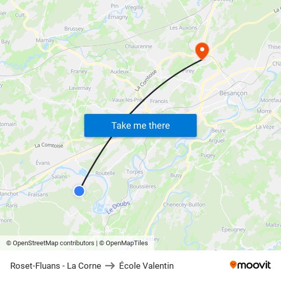 Roset-Fluans - La Corne to École Valentin map