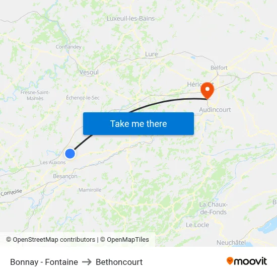 Bonnay - Fontaine to Bethoncourt map