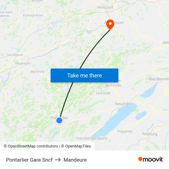 Pontarlier Gare Sncf to Mandeure map
