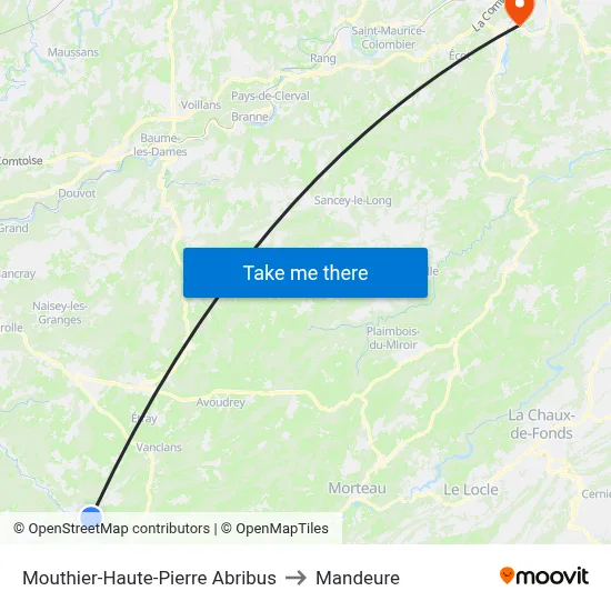Mouthier-Haute-Pierre Abribus to Mandeure map