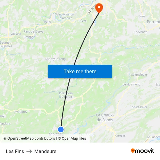 Les Fins to Mandeure map