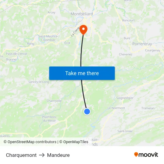 Charquemont to Mandeure map