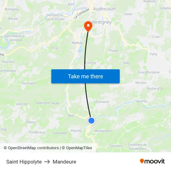 Saint Hippolyte to Mandeure map