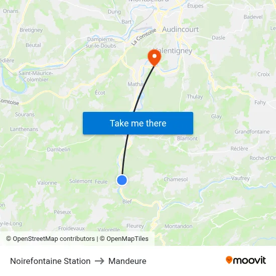 Noirefontaine Station to Mandeure map
