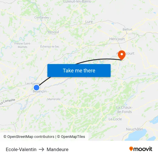 Ecole-Valentin to Mandeure map