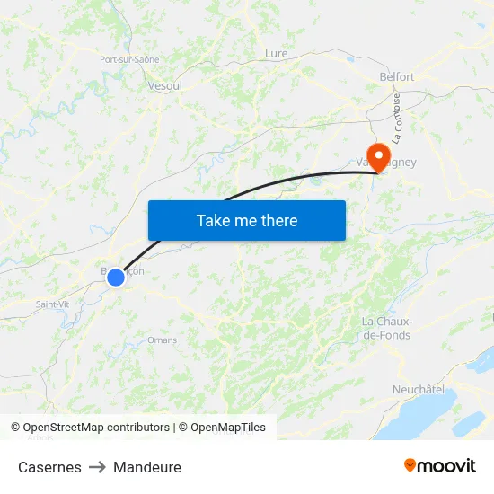 Casernes to Mandeure map