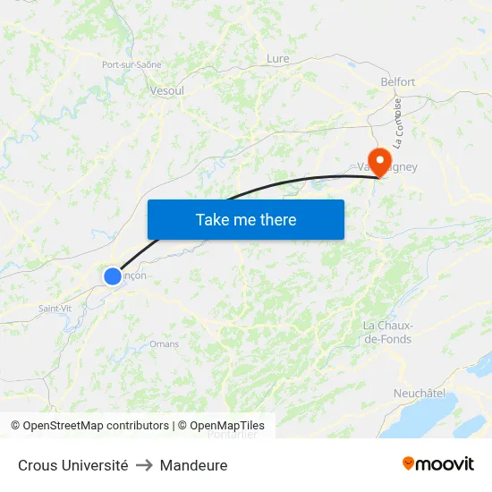 Crous Université to Mandeure map