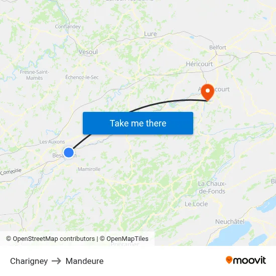 Charigney to Mandeure map