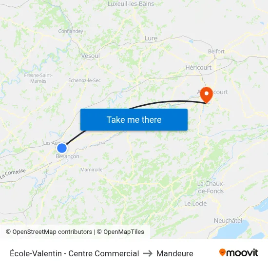 École-Valentin - Centre Commercial to Mandeure map