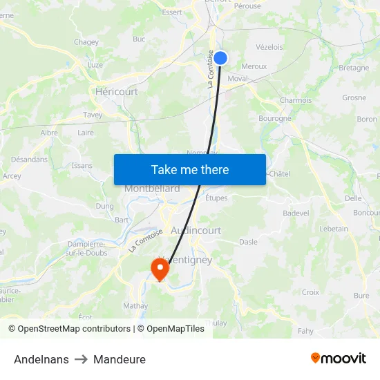 Andelnans to Mandeure map