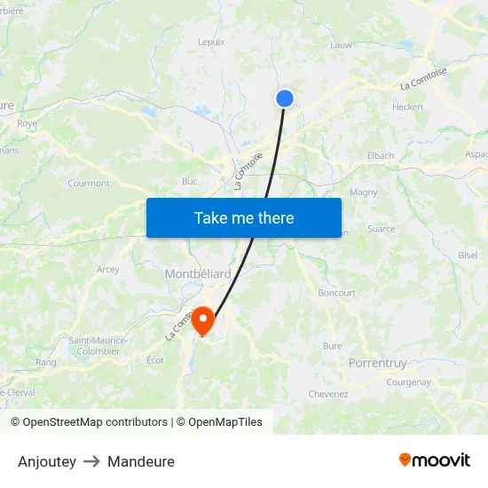 Anjoutey to Mandeure map