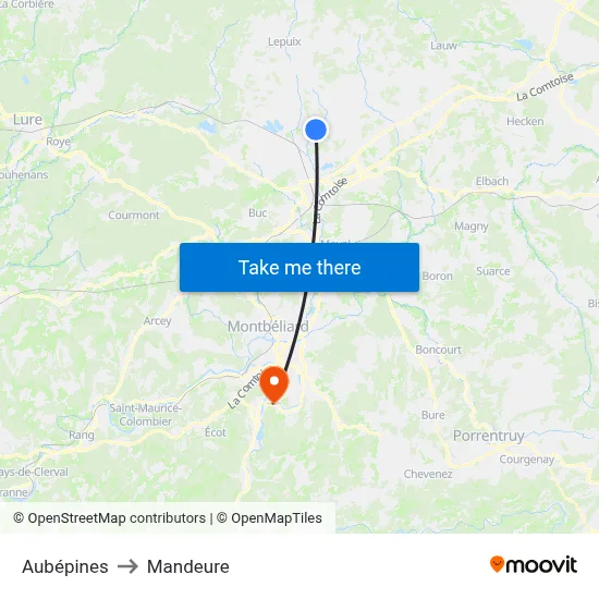 Aubépines to Mandeure map