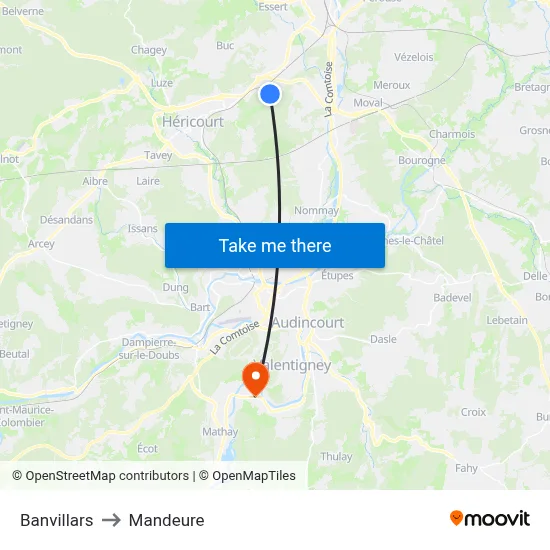 Banvillars to Mandeure map