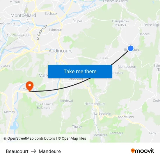 Beaucourt to Mandeure map