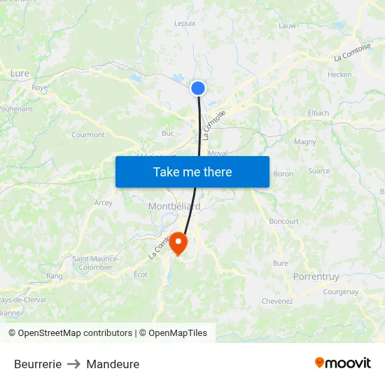 Beurrerie to Mandeure map