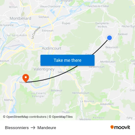 Blessonniers to Mandeure map