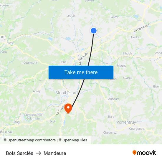 Bois Sarclés to Mandeure map