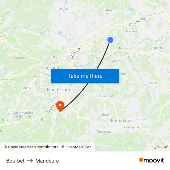 Bourbet to Mandeure map