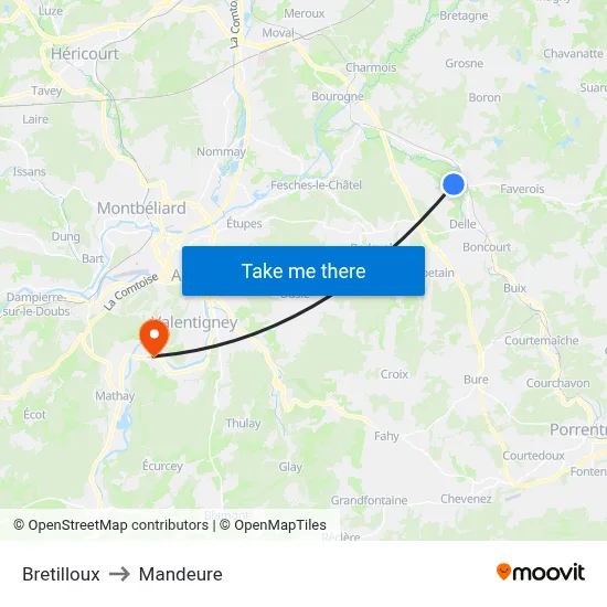 Bretilloux to Mandeure map
