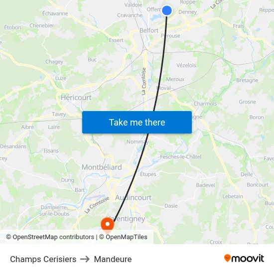Champs Cerisiers to Mandeure map