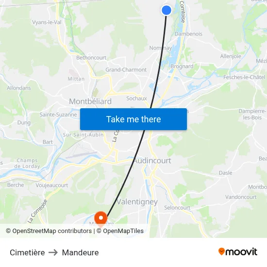 Cimetière to Mandeure map