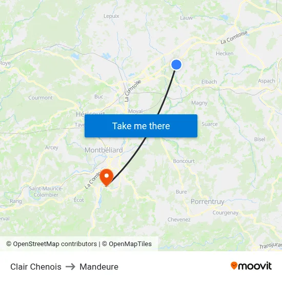 Clair Chenois to Mandeure map