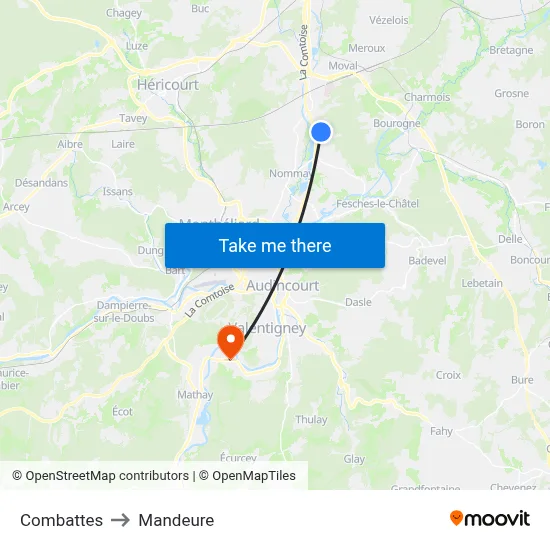 Combattes to Mandeure map