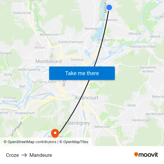 Croze to Mandeure map