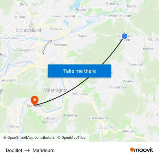 Dodillet to Mandeure map
